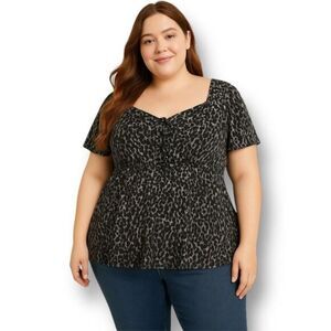 Torrid 0X Large Black Leopard Animal Print Lace-Up Blouse NWT Travel‎ Work Chic